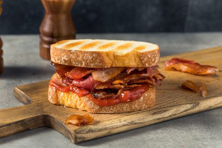 Homemade British Bacon Sandwich with Toast and Ketchupの写真素材