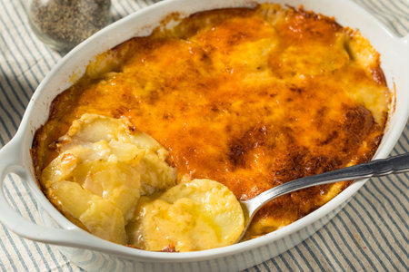 Homemade Cheesy Scalloped Potatoes in a Dishの写真素材