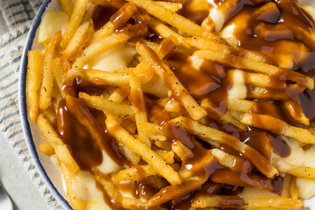 Homemade Canadian Poutine Gravy French Fries with Cheese Curdsの写真素材