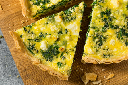 Homemade Feta Spinach Quiche Tart with Eggs and Onion