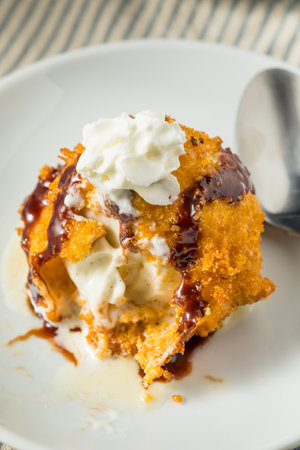 Homemade Fried IceCream Dessert with Chocolate and Whipped Creamの写真素材