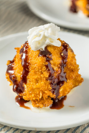 Homemade Fried IceCream Dessert with Chocolate and Whipped Creamの写真素材