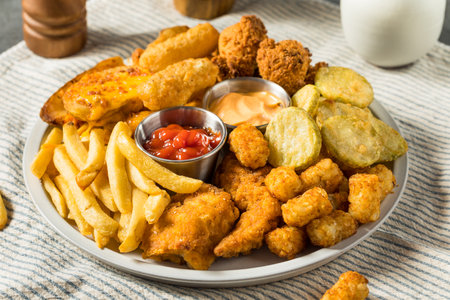 Deep Fried Appetizer Platter with French Fries Tots Mozzarella Sticks and Chickenの写真素材