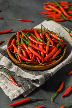 Spicy Organic Red Thai Birds Eye Chilli Peppers in a Bowlの写真素材