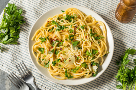 Homemade Pasta Aglio e Olio Dinner with Garlic and Oilの写真素材
