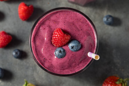 Healthy Berry Breakfast Smoothie with Strawberry Milk and Yogurtの写真素材