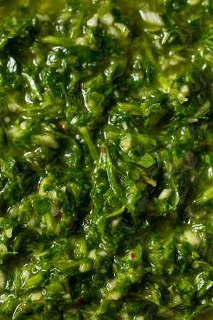 Homemade Spicy Chimichurri Sauce with Cilantro Parsley and Oreganoの写真素材