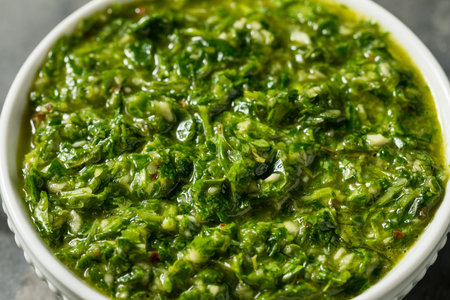 Homemade Spicy Chimichurri Sauce with Cilantro Parsley and Oreganoの写真素材