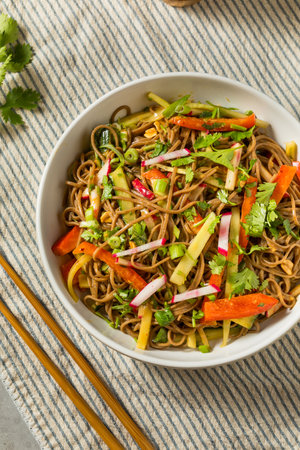 Healthy Organic Asian Noodle Salad with Soy and Vegetablesの写真素材
