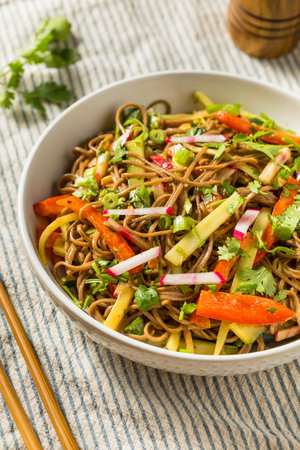 Healthy Organic Asian Noodle Salad with Soy and Vegetables