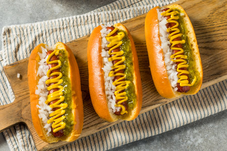 Char Grilled Hot Dog with Mustard Relish and Onionの写真素材
