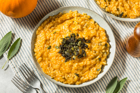Homemade Autumn Pumpkin Risotto with Sage and Butterの写真素材