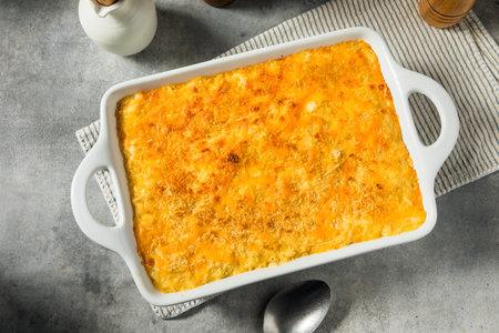 Homemade Baked Macaroni and Cheese in a Casserole Dishの写真素材