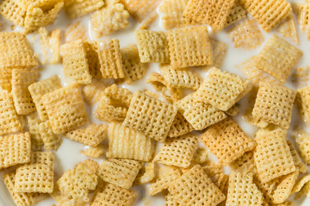 Healthy Organic Rice Squares Breakfast Cereal with Whole Milk