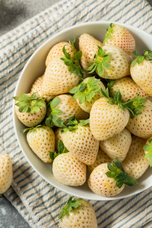 Organic Raw White Pineberry Strawberry in a Bowlの写真素材