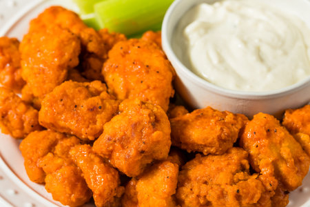 Spicy Homemade Boneless Buffalo Chicken Wings with Ranch Dressingの写真素材