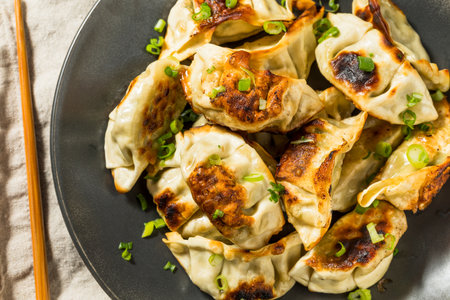 Asian Dumpling Pot Stickers Gyoza with Soy Sauceの写真素材
