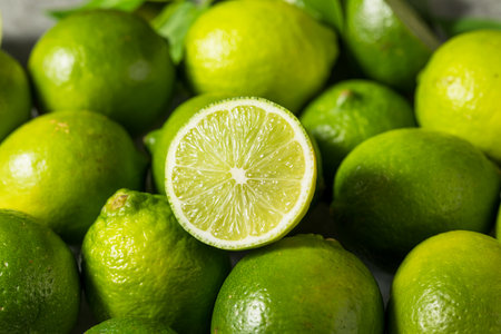 Organic Raw Green Limes in a Bunchの写真素材