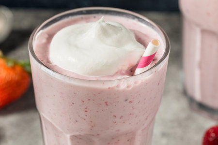 Sweet Homemade Strawberry Milkshake with Whipped Creamの写真素材