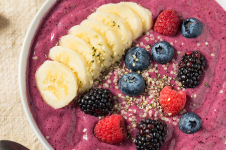 Homemade Healthy Berry Smoothie Bowl with Banana and Hempの写真素材