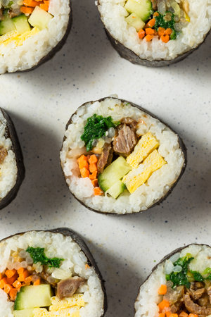 Homemade Korean Kimbap Rolls with Beef Egg and Vegetables