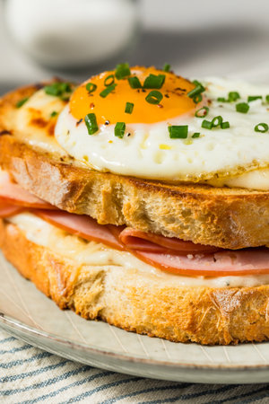 French Croque Madame Sandwich with Ham and Eggの写真素材