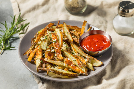 Homemade Rosemary Parmesan French Fries with Garlic and Ketchupの写真素材