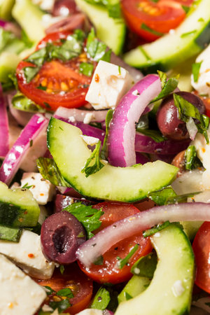 Homemade Greek Peasant Salad with Cucumber Feta and Olivesの写真素材