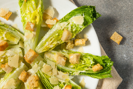 Healthy Caesar Salad Spears Appetizer with Dressing and Croutonsの写真素材