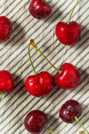 Raw Red Organic Cherries with Stems in a Bowlの写真素材