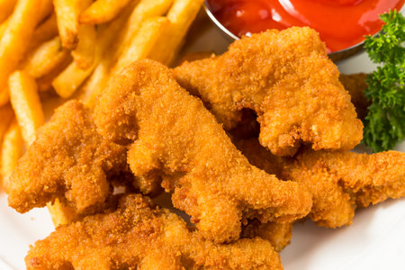 Healthy Kids Dinosaur Chicken Nuggets with Fries and Ketchup