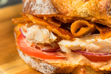 Spicy Homemade Chipotle  Chicken Sandwich Panini with Bacon and Tomatoの写真素材