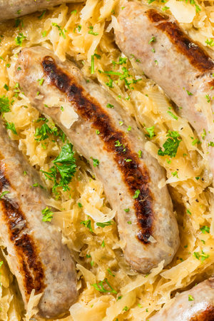 Homemade German Bratwurst with Sauerkraut for Oktoberfestの写真素材