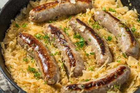 Homemade German Bratwurst with Sauerkraut for Oktoberfestの写真素材