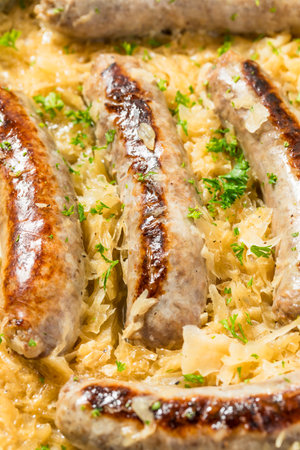Homemade German Bratwurst with Sauerkraut for Oktoberfestの写真素材