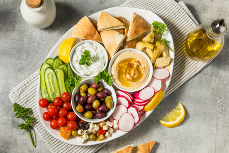 Homemade Mediterranean Mezze Platter with Olives Pita and Hummusの写真素材