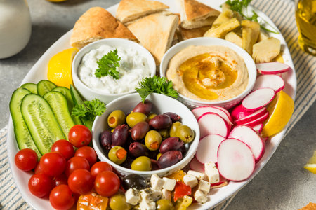 Homemade Mediterranean Mezze Platter with Olives Pita and Hummus