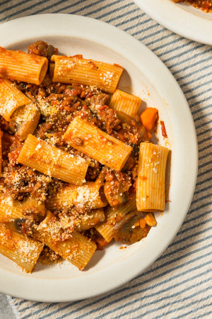 Homemade Mushroom Sausage Ragu Rigatoni Pasta with Cheeseの写真素材