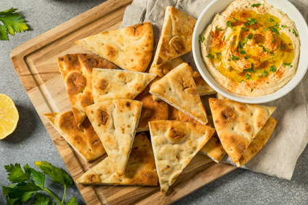 Homemade Mediterranean Pita Bread Chips with Sea Saltの写真素材