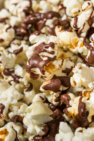 Homemade Chocolate Covered Popcorn with Salt in a Bowlの写真素材