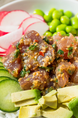 Homemade Hawaiian Tuna Poke Bowl with Cucumber Edamame and Avocado