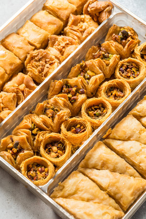 Assorted Sweet Homemade Turkish Baklava with Pistachios and Honey