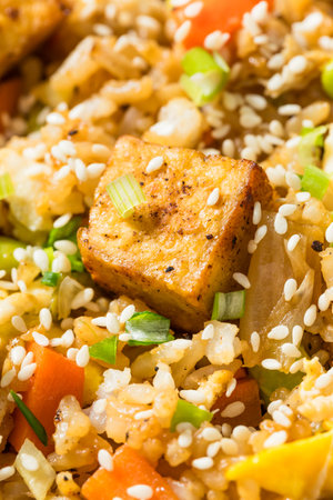Homemade Asian Tofu Fried Rice with Egg and Carrotsの写真素材