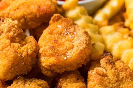 Fried Chicken Nuggets and French Fries with Ketchupの写真素材