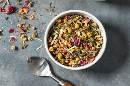 Organic Dry Herbal Tea in a Bowl Ready to Brewの写真素材