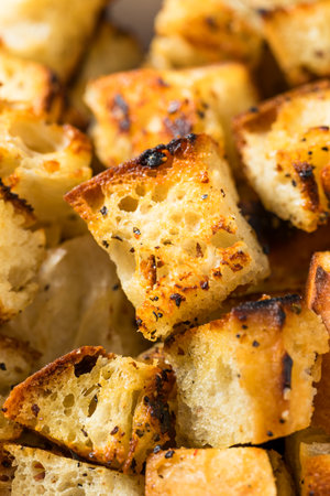 Homemade Crispy Bread Croutons for a Saladの写真素材