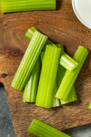 Green Raw Organic Celery Sticks with Ranch Sauceの写真素材