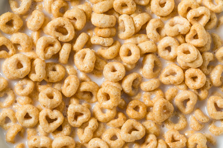 Healthy Round Oat Breakfast Cereal with Whole Milk and Juice