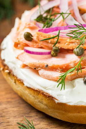 Healthy Homemade Salmon Lox Everything Bagel with Onion and Capersの写真素材