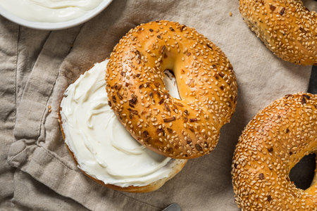 Homemade Everything Bagel with Cream Cheese for Breakfastの写真素材